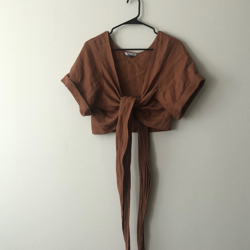 Nettle Studios Tied Linen Wrap Top in Biscuit- M/L